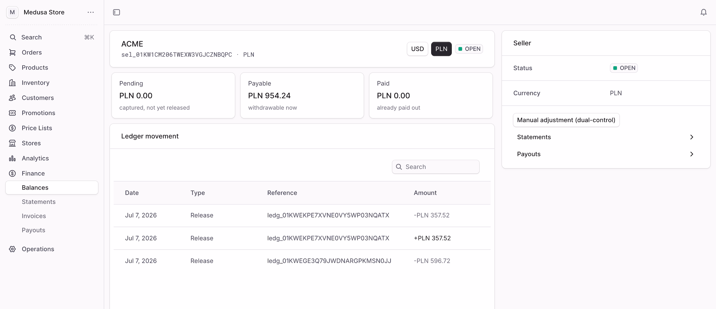 Mercur Enterprise admin: a per-vendor settlement ledger with pending, payable, and paid balances matched to statements, invoices, and payouts