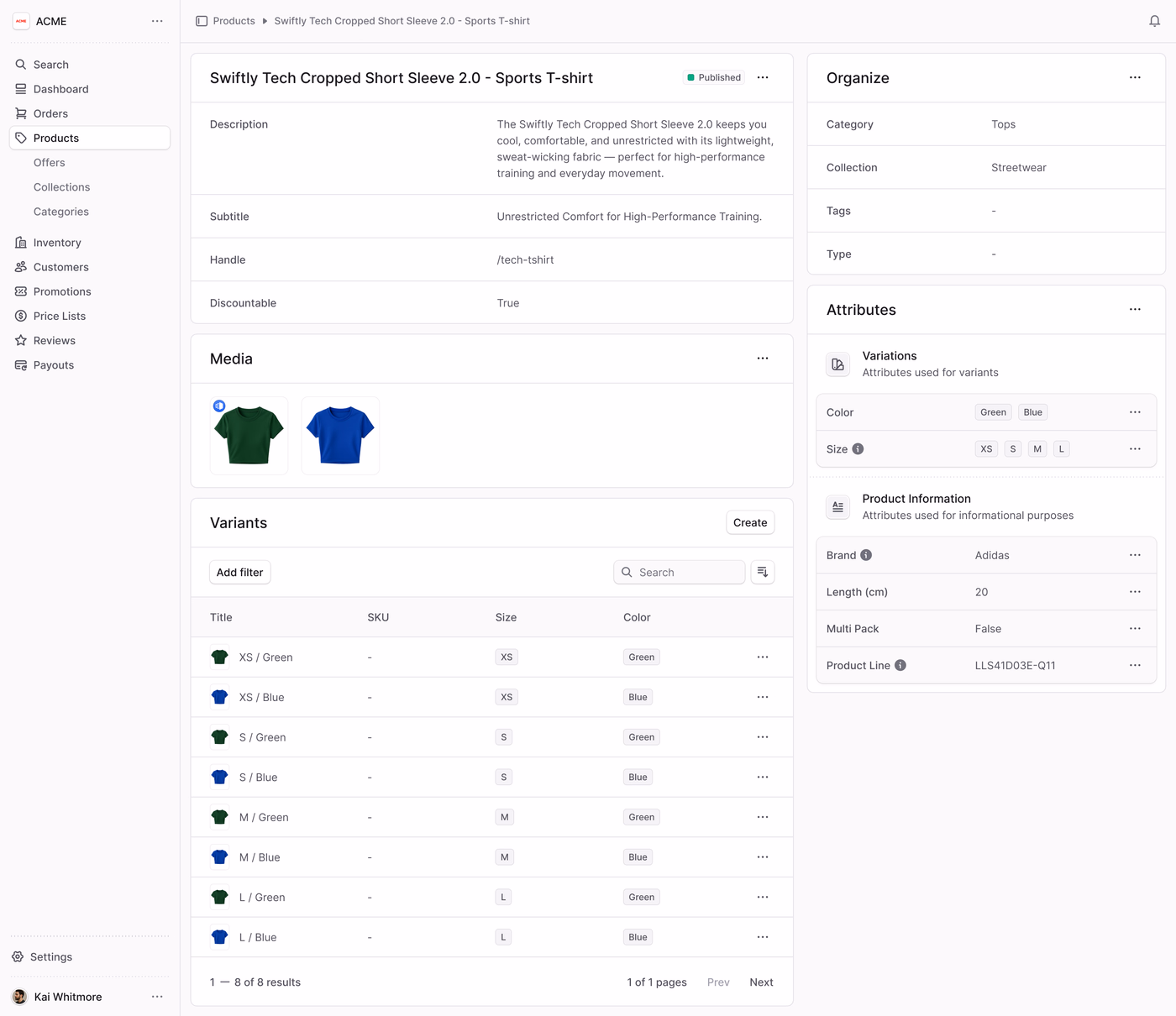 A vendor product in the Mercur admin: description, media, variants and attributes
