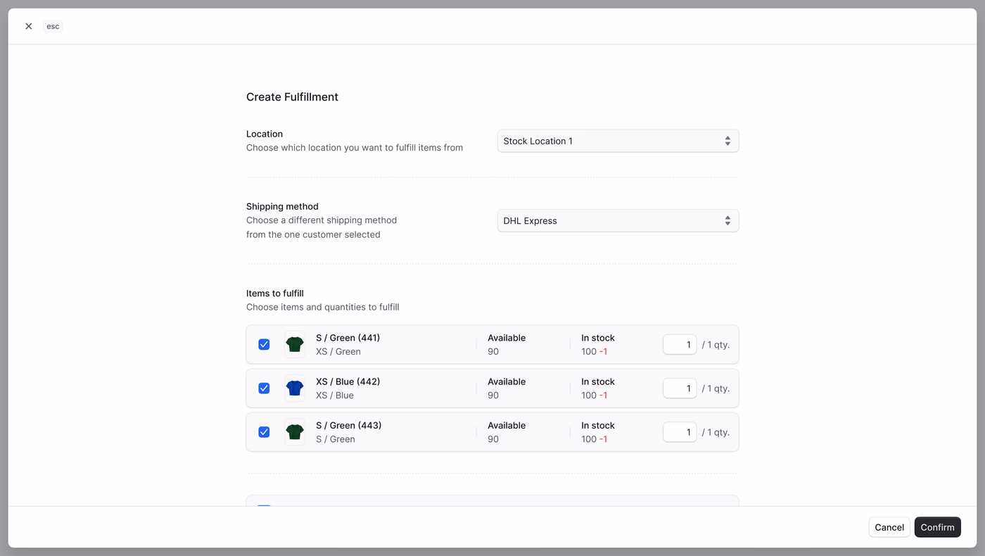 The Create Fulfillment dialog: location, shipping method and the items being fulfilled