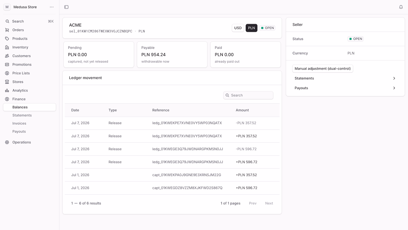 The settlement ledger for one vendor: Pending, Payable and Paid balances above the ledger movement rows, with statements and payouts alongside